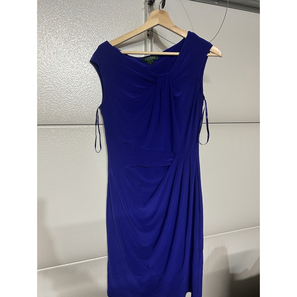 Lauren Ralph Lauren Blue Satin Wiggle Dress Sz 6 Ruched Sheath Cocktail‎ Event